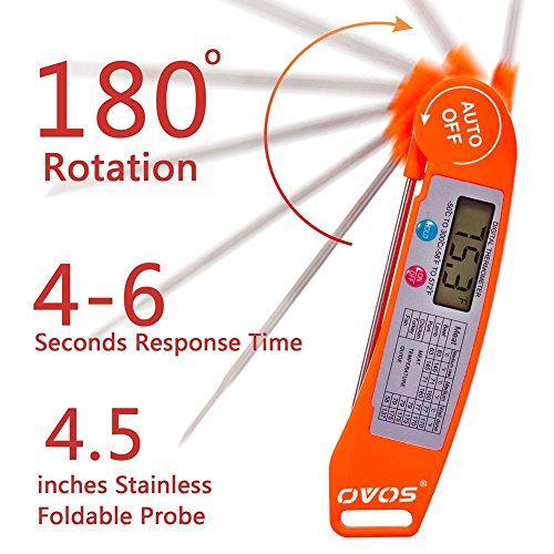 OVOS Ultra Schnelles Koch-Thermometer – Digitales Thermometer mit einklappbaren Stiel für alle flüssigen oder festen Nahrungsmittel geeigent – Fleischthermometer für Grill, Pfanne und Backofen (orange) - 4