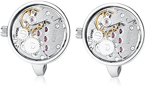 Hanana Watch Cufflinks For Men Shirt,Round Steampunk Vintage Style, Ideal for Father's Day Wedding Christmas Gift with Box(Black) (Silver)