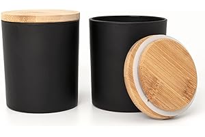 R FLORY Juego de 2 tarros de vidrio de 7 + 7 onzas, tarros de vela de vidrio grueso con tapas de bambú, soporte para almacenamiento de hisopos de algodón (color negro mate)