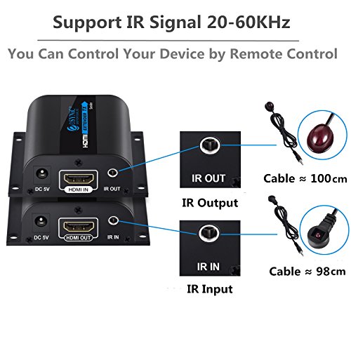 60m HDMI Extender HDMI Repeater mit 3D-Steuerung IR Infrarot Übertragung 1080P Full HD über Einziges RJ45 CAT 6A CAT7 Ethernet Kabel für Sky Box HD Freebox PC Blu Ray DVD Projektor PS4 – HDMI Extender Sender und HDMI Extender Receiver - 4