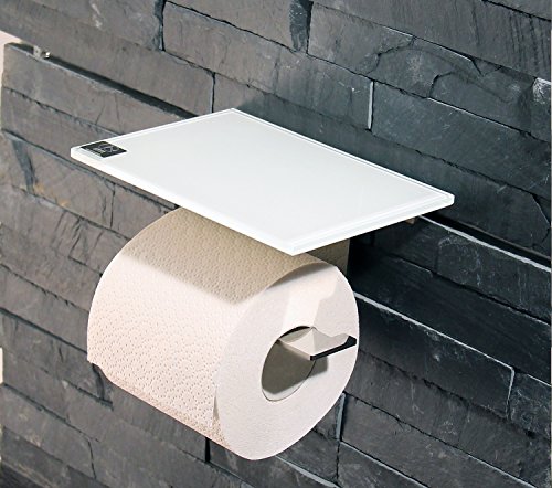 WC Rollenhalter / Toilettenpapierhalter mit Abstellfläche / Ablage aus weißem Glas - Made in Germany -