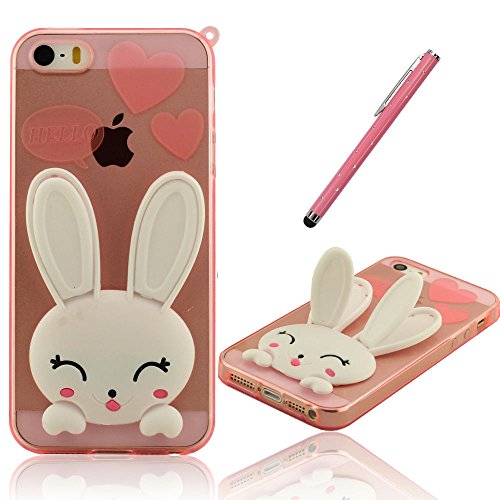 Funda iPhone SE  Transparente Flexible Gel Funda Carcasa para iPhone 5   5S   SE - Rosa  Animal Tipo Linda Conejo  iPhone 5S Case Back Cover  Correa de cuello Dise  o  Ultra Delgado C  scara   Bonita Stylus Pen
