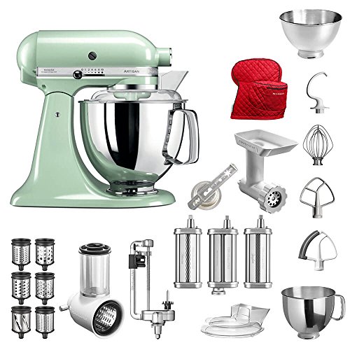 Preisvergleich Produktbild KitchenAid Küchenmaschine Artisan, 5KSM175PS, Bestseller Paket inkl. Gemüseschneider, Fleischwolf, Spiralschneider, Nudelvorsatz, Spritzgebäckvorsatz, Abdeckhaube und Standardzubehör (Pistazie)