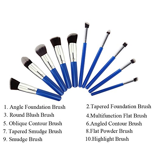 A&G®10PCS Professional Makeup Brushes Brush Cosmetic Set Make up Brushes Eyeshadow Eyebrow Shadow Powder Cosmetics Tools Kit(10pcs Blue Handle + Silver Tube)