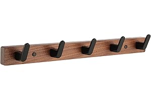 QICAIFACAI Coat Hooks Wall Mounted 5-Hook Wall Coat Rack with Walnut Wood – Heavy-Duty for Entryway, Bedroom, Bathroom, Kitchen, or Office
