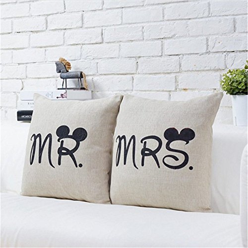 iTemer Kissenbezug Leinen Baumwolle Kissenbezug Karikatur Mr und Mrs Muster 2Pcs - 2
