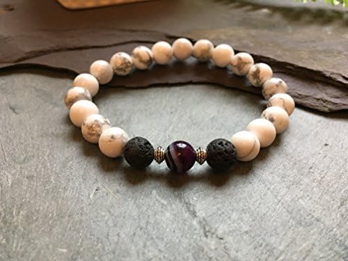 White Howlite, Purple Onyx and Lava Stone Bead Bracelet. Great for Essential Oils Aromatherapy