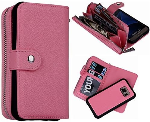 S7 Wallet Case, Magnetic Detachable S7 Wallet Purse Hynice Samsung Galaxy S7 Leather Folio Flip Slim Case With Zipper Credit Card Slots, Card Holder, Wrist Strap Wallet For Women Men (Lichi-pink)