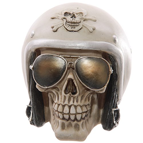 DRW Calavera Motera con Casco y Gafas de Resina 13.5 x 13.5 x 15.5 cm