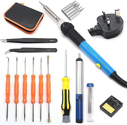 Reelva Soldering Iron Kit Electronics, Welding Irons Tool 60W 220V Adjustable Temperature Soldering-iron Gun Kits with 5 PCS Soldering Tips, Desoldering Pump, Tin Wire Tube, Soldering Iron Stand, Tweezers, 6pcs Solder assist and Cross screwdriver