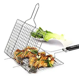 EMNDR Chromium Plated Barbecue BBQ Grill Net Basket for Fish Vegetables Steak Shrimp Chops and Other Food with Wooden Handle