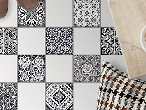 Sticker Bodenfliesen | Selbstklebende Bodenfliesenfolie Balkonfolie Dekorfolie-Boden Badgestaltung | 15x15 cm Muster Ornament Black n White - 9 Stück