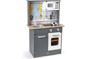 Hape Kitchen With Light And Sound Kids Pretend Cooking Toy Play Set with Electronic Accessories, Gray, 89,5x60x30 cm