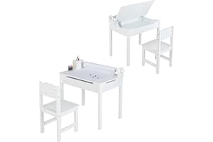 COSTWAY Juego de Mesa y Silla Infantil de Madera, Mesa de Actividades para Niños con Silla, Escritorio Infantil con Soporte para Rollo de Papel para Dibujar, Estudiar y Jugar (Blanco)