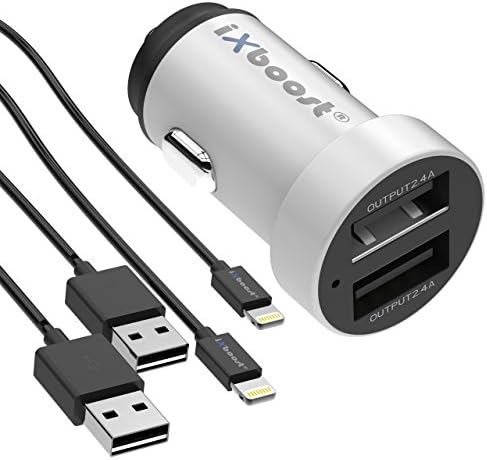 5S Set Speed Charge 4.8 A Dual USB Car Charger Adapter Ixboost® IX Metal Adapter Silver Intelligent IC 2 Port In Car Charger + 2x Lightning Cable for iPhone 6/7 Black