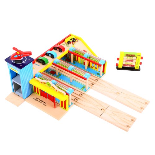 Bigjigs Rail Wooden Grand Central Station for Train Set - Wooden Train Set Accessories
