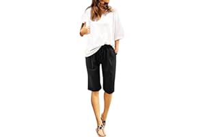 GENERIC Pantalones cortos de lino para mujer, estilo bohemio, largo hasta la rodilla, con cordón, bermudas de lino, pantalones cortos de verano, holgados, pantalones de ciclismo de cintura alta, tallas