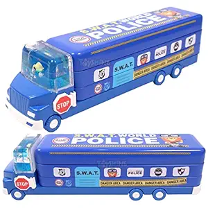 Toyshine Aqua-Splash Police Car School Bus Matal Pencil Box with Moving Tyres and Sharpner for Kids - Blue