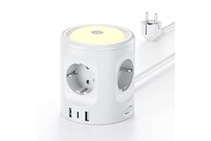 SAMERIVER Ciabatta Multipresa con luce, ciabatta a 4 scomparti con 3 USB, presa di corrente con interruttore, presa multipla a cubo 3 modalità di illuminazione 16A, 2 M, per casa, ufficio F(Schuko)