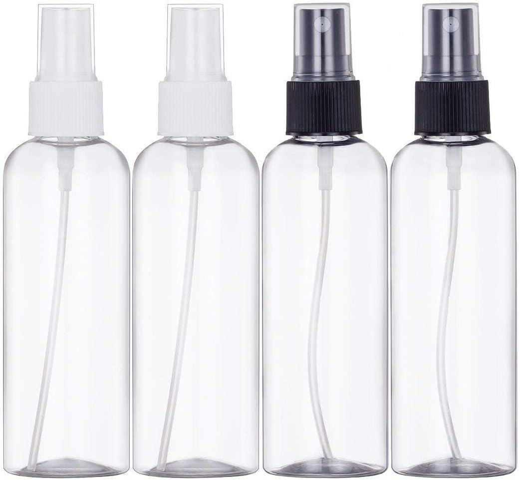 4Pcs 100ML Spray Bottles, Empty Plastic Transparent Fine Mist Travel Atomiser Spray Bottles Set, Travel Size Bottle Toiletries Liquid Containers for Essential Oils Cosmetic