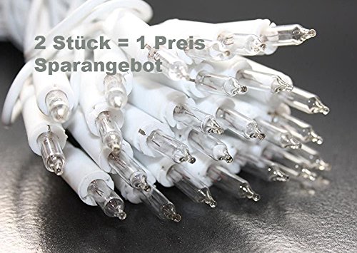 Günstiges Sparset - 2er Set (=2 Stück) Zauberhafte 100er Mini - LICHTERKETTE " BRIGHT LIGHTS " mit jeweils 100 klaren Birnchen / Kerzen - weisses Kabel - Weihnachtslichterkette - mit Stecker - Gesamtlänge je 100er Lichterkette inklusive Zuleitung über 16 Meter - für den Innen - Bereich geeignet - universell einsetzbar - auch als WEIHNACHTSBAUM - BELEUCHTUNG verwendbar - praktische Befestigungsmöglichkeiten durch Ringe am Kabel - Neu - aus dem KAMACA-SHOP
