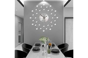 SIN&MI Large Wall Clock for Living Room Modern Silent Wall Clocks Battery Operated Decorative Non-Ticking Clocks for Bedroom Kitchen Dining Room Office Silver Crystal Metal Wall Decor for House