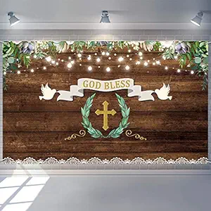 6.1 x 3.6 ft God Bless Baptism Backdrop First Holy Communion Party Decorations Christening Newborn Baby Shower Rustic Wood Ribbon Photography Background