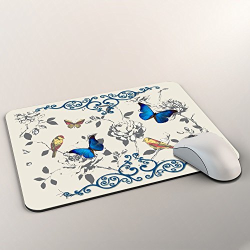 Vintage Vögel und Schmetterlinge, Designer Mousepad Unterlage Mauspad Maus-Pad Stark Anti Rutsch Unterseite für Optimalen Halt mit Lebhaftes Motiv Kompatibel mit Apple Magic Maus. Ideal für Gamer und für Grafikdesigner - 2