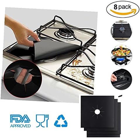 QISHENG TRADE 8 Pack Stove Burner Covers Stovetop Burner Liners Gas Range Protectors, Dishwasher Safe, Non-Stick, Heavy Duty, Reusable, Easy Cleaning, Heat resistent (27cm x 27cm ), Black