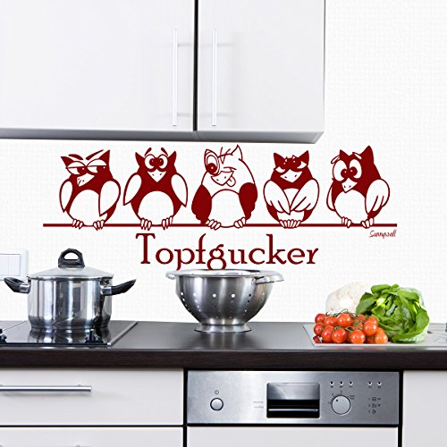 Wandtattoo Topfgucker Eulen Vögel Kochen Küche Essen Wandsticker Rotbraun (Dunkelrot) Gr3