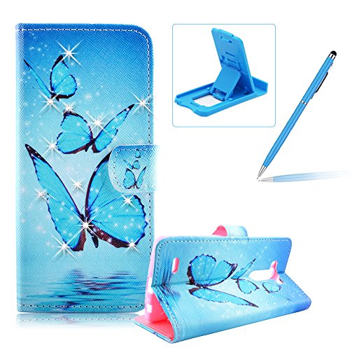 LG G3 Wallet Leather Case,LG G3 Book Style Bling Glitter Folio Portable Case,Herzzer Fashion Luxury [Blue Butterfly Pattern] Crystal Rhinestone Diamond Sparkle PU Leather Flip Protective Case Cover with Card Holder Slot Magnet Closure Stand for LG G3 + 1 x Blue Cellphone Kickstand + 1 x Blue Stylus Pen