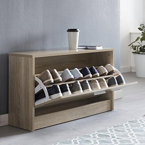 FineBuy rack ZOEY with seat Sonoma oak shoe tipper wood 80 x 47 x 24 cm | Floor bank small closed | Bench narrow hallway with storage space | Shoe cabinet single bench bench bench hallway furniture