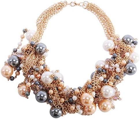 Kalse Simulated Pearl Gold Tone Statement Pendant Cluster Bib Chunky Choker Necklace White Pink Gray 16.3"-18.3" (Multi-Color)