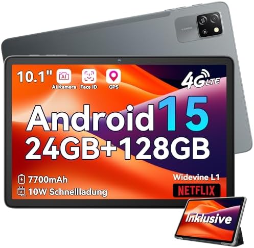 Blackview Tab60 Pro Android 15 Tablet 10 pollici, 24 GB (8 GB + 16 GB di estensione), RAM + 128 GB ROM (2 TB TF), Dual 4G LTE, Octa Core PC, 7700 mAh, Widevine L1 HD, display 5G WiFi, Face ID, GPS
