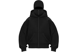 Qmfvqi Balaclava Zip Hoodie Herren Damen Einfarbig Ninja Kapuzenpullover Warm mit Gesichtsmaske Sturmhaube Casual Hoodie mit Reißverschluss und Tasche Lockeres Sweatjacke Y2K Tops Mask Jacke Winter