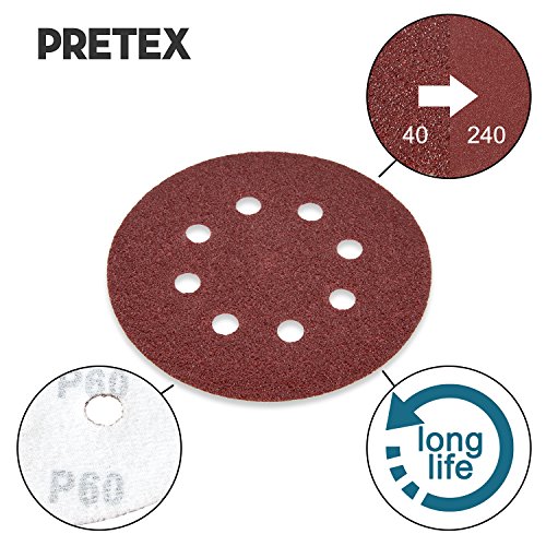 PRETEX 60 Profi Klett-Schleifscheiben für Exzenter-Schleifer 8 Loch, Ø 125 mm | 2 Jahre Zufriedenheitsgarantie | Körnung je 10x: 40 / 60 / 80 / 120 /180 / 240, Schleifpapier Set, Schleifblätter, Schleifblatt Set, Schleifscheiben Set - 2