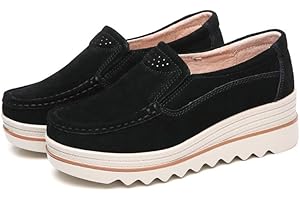 MRS DUBERESS Women's Suede Leather Slip on Shoe Wedge Loafers Moccasin Walking Shoe Trainers Slip on Platform Sneakers