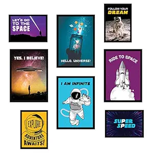 Chaka Chaundh Astronaut Space Quote Poster with Engineered Wood Frame (Multicolour, 43 x 30 x 4 cms) - Set of 8