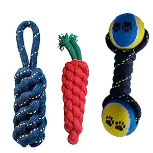 MS Pet House Combo of 3 Durable Dog Teeth Chewing Cleaning Biting Knotted Small Puppy Toys 100% Natural and Safe Cotton Polyester Mix. (Color May Vary)