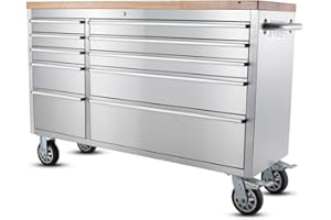 Ondis24 Servante d'atelier en acier inoxydable avec 10 tiroirs à roulement facile et plan de travail en bois massif XL roulettes pivotantes, établi mobile, non équipé (argenté, 148 x 47 x 92 cm)