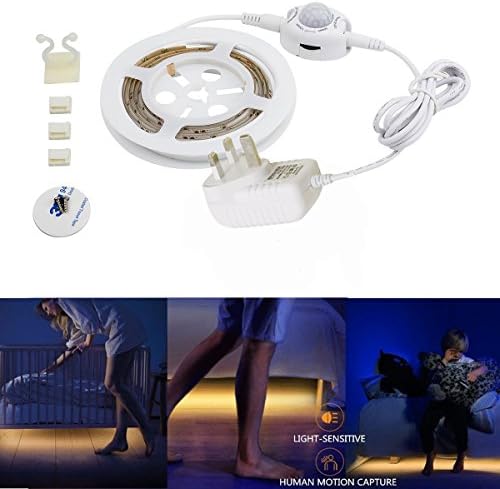 Motion Activated Bed Light Smart Human Body Sensor Night Light Warm White Night Light Strip with Automatic Shut Off Timer for Under Bed, Staircase and Baby Room (Single)