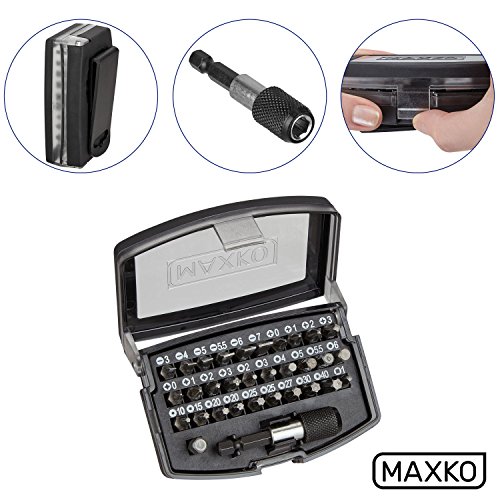 MAXKO Bit-Set, 32-Teilig, inklusive Bithalter und Adapter Vierkant auf Sechskant, für Heimwerker und Akku-Schrauber – 6 x Schlitz: 3 / 4 / 5 / 5,5 / 6 / 7, 8 x Kreuzschlitz: 4 x PH (Phillips): 0 / 1 / 2 / 3 und 4 x PZ (Pozidriv): 0 / 1 / 2 / 3, 6 x Sechskant Innen: 2 / 3 / 4 / 5 / 5.5 / 6, 9 x Torx: 10 / 15 / 20 / 20 / 25 / 25 / 27 / 30 / 40 – mit 2 Jahren Geld-zurück-Garantie - 2