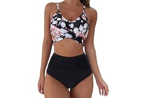 DURINM Femme Maillot De Bain 2 Pièces Push Up Vintage Taille Haute Femme Bikinis Sets Maillot De Bain Vintage Floral Taille Haute Col V Mignon Bikini Maillots Deux Pièces Swimsuit
