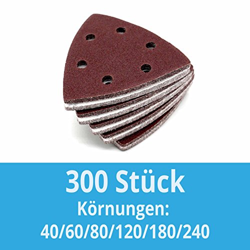 300 Stück Klett-Schleifdreiecke 93x93x93 mm Körnung je 50 x 40/60/80/120/180/240 für Delta-Schleifer 6 Loch