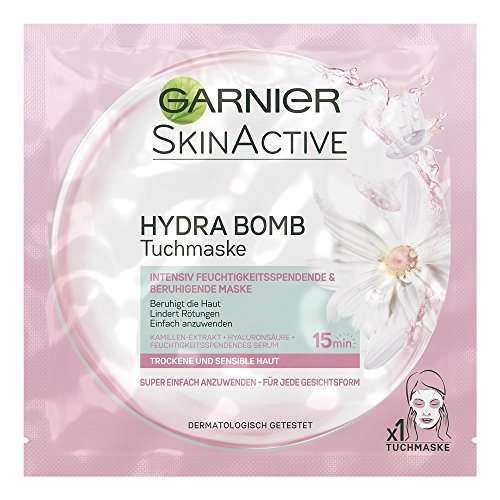 Preisvergleich Produktbild Garnier SkinActive Hydra Bomb Tuchmaske mit Kamillen-Extrakt / Feuchtigkeitsspendende Gesichtsmaske für eine beruhigte Haut ohne Rötungen / 5er Pack (5 x 32g)