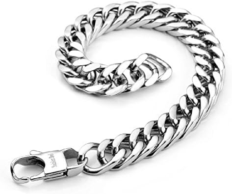 8 10 12 mm Mens Silver 316L Stainless Steel Curb Bracelet Chain Wide Link