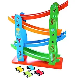 UJIE Colourful Wooden Track Race Set with 4 Colourful Miniature Cars Sliding Track Racer