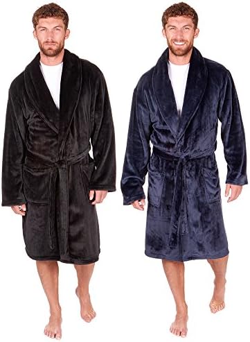 Mens New Luxury Shawl Collar Warm Fleece Soft Feel Plain Gown/Robe With Wraps Dressing Gown Bathrobe Black &amp; Navy - Medium to 5XL by ClothingLogic (3XL, Navy)