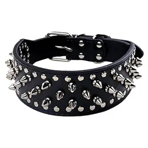 BONAWEN Leather Dog Collar Studded Dog Collar with Spikes for Large Medium Dogs,2