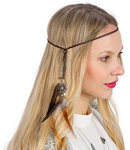 SIX "Festival" braunes Haarband Kopfband mit silbernem Traumfänger, türkisen Steinchen & braunen Federn (456-108)